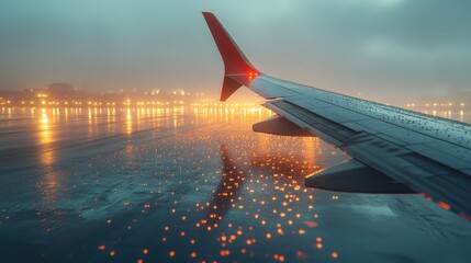 Airplane Wing, Night Landing, City Lights, Runway, Travel