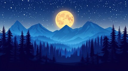 Fototapeta premium Mountainous Forest Night Landscape, Full Moon, Stars
