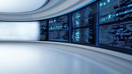 A futuristic digital studio with blue data displays and a sleek, minimalistic design.