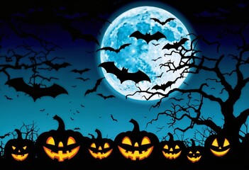 Spooky Halloween scene with carved pumpkins, bats, and a full moon in a dark sky
