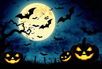 Fototapeta premium Mysterious Halloween night with glowing pumpkins, bats flying under a full moon