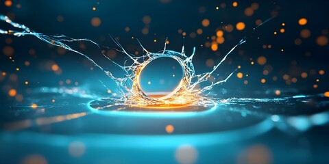 Obraz premium A circular splash effect with glowing, energetic particles in a dark blue background, creating a vibrant and dynamic visual. Concept Circular Splash Effect, Glowing Energetic Particles