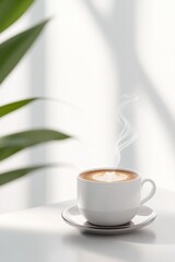 Warm coffee cup emits steam, surrounded by soft shadows and gree