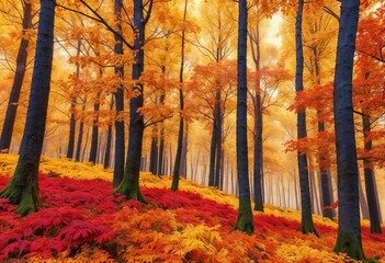 Fototapeta premium Misty autumn forest with vibrant orange and red foliage creating a colorful landscape