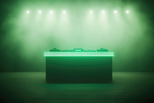 Illuminated DJ booth shrouded in green fog, creating an electrif