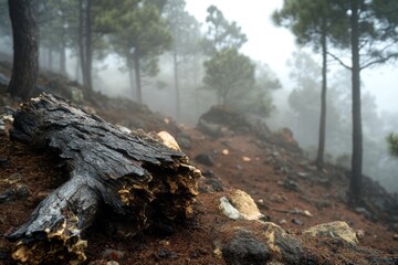 Fototapeta premium A large log is on the ground in a forest. The log is surrounded by rocks and dirt. The image has a moody and somber feel to it, as the log appears to be rotting and decaying
