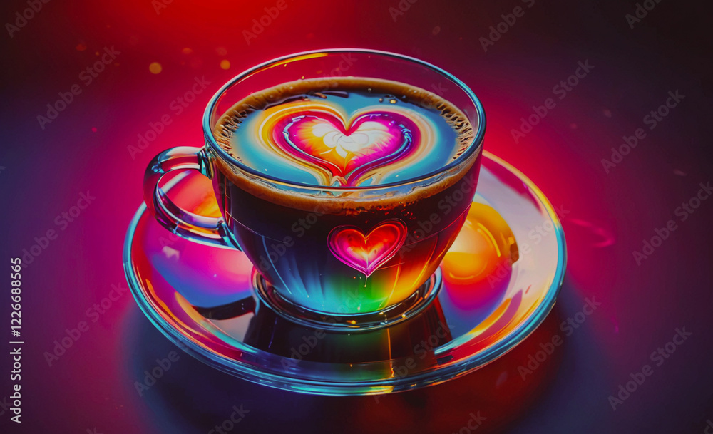 Poster a cup of coffee with a heart on it sits on a saucer. the coffee is a mix of different colors, creati