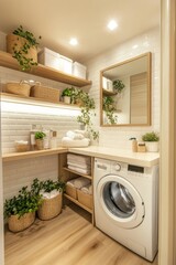 Laundry room with washing machine, wooden shelves, white walls, and plants for domestic chores