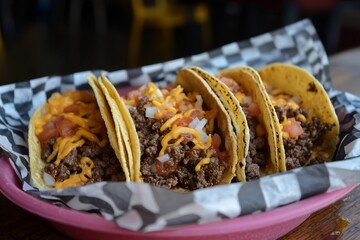 Deliciously arranged tacos filled with seasoned beef, cheese, and fresh toppings on a vibrant table