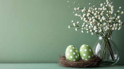 Hand-painted eggs with polka dots, easter green background