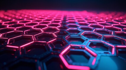 Fototapeta premium Neon honeycomb structures glow brightly against a dark backdrop, creating an energetic and futuristic vibe.