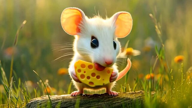 Cute white mouse with big eyes and ears holding a cheese piece while sitting on a log in a sunny meadow. Wildlife photography concept