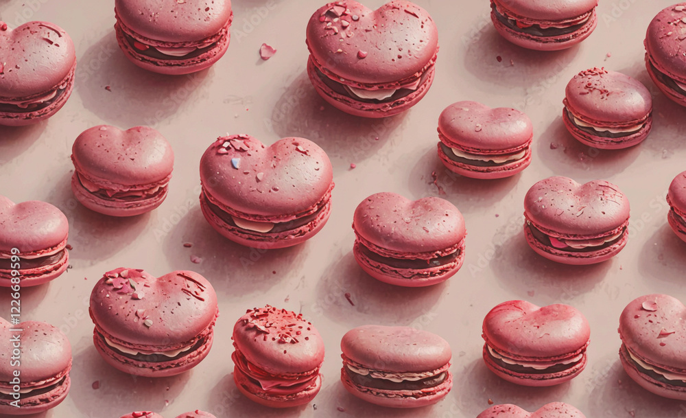 Poster A close up of pink macaroons with hearts on them. The macaroons are arranged in a pattern and are very close to each other