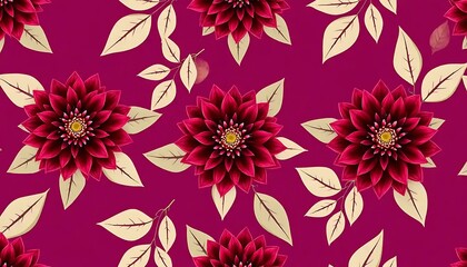 Crimson Dahlias and Cream Leaves Floral Pattern