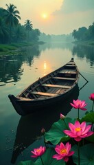 Fototapeta premium Ancient wooden boat on Ganges river with lotus flowers, flowers, peaceful, ganges