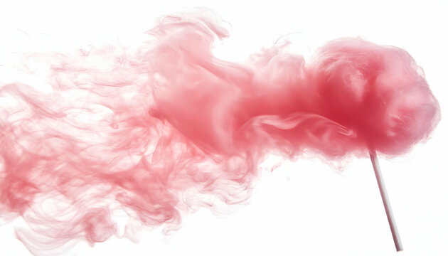 Pink cotton candy swirling, on stick, white background, sweet treat