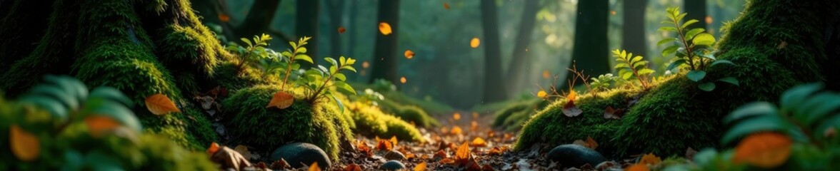 Fototapeta premium Dark forest floor with scattered golden leaves and ferns, mossy, earthy tones, dark colors