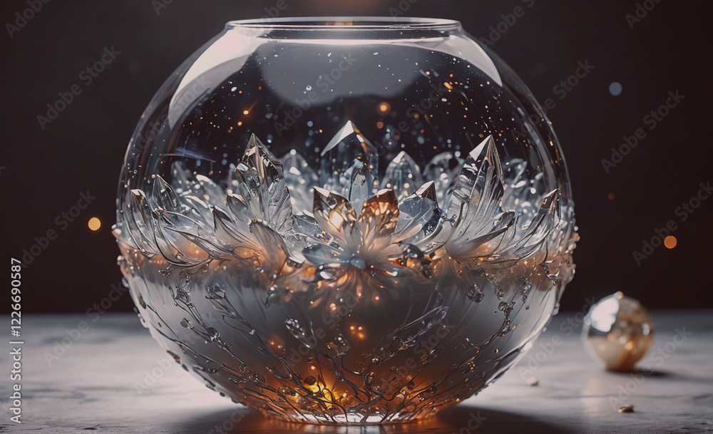 Poster a glass vase with a flower design is lit up with a warm glow. the vase is placed on a table next to 