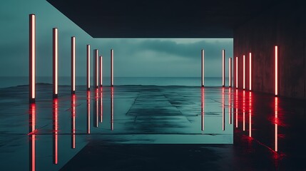 Naklejka premium Red Neon Lights Illuminate Modern Seascape Architecture