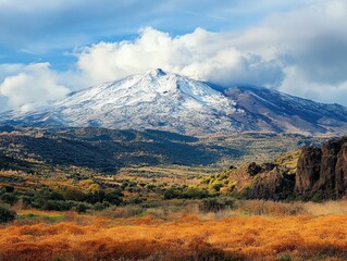 Fototapeta premium Majestic snow-capped mountain with clouds and a vibrant valley under a clear blue sky