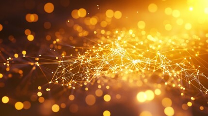 Abstract technology background featuring glowing golden network connections and bokeh effects. Represents digital innovation, artificial intelligence, data, and futuristic connectivity. Ideal for tech