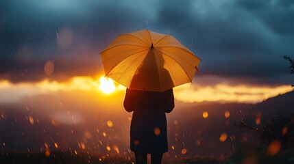 Silhouette of a person holding a vibrant yellow umbrella during a rainstorm, framed against a dramatic sunset sky. Evokes emotions of resilience, solitude, and serenity, ideal for themes of weather