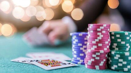 Naklejka premium Stacks of colorful poker chips and playing cards sit on a green felt table during a high-stakes game in a casino.