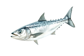 Fototapeta premium Fresh Spanish mackerel fish with detailed scales and fins isolated on white transparent background. Concept of seafood and marine life