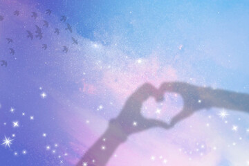 Fototapeta premium Dreamy heart hands background, aesthetic glittery sky