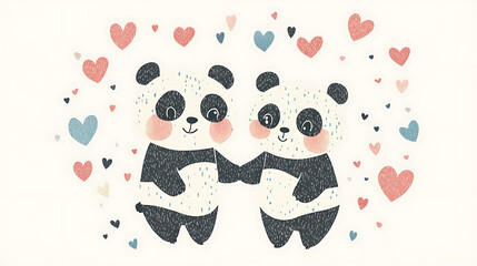 Fototapeta premium Adorable panda couple holding hands love theme digital illustration playful atmosphere cute concept