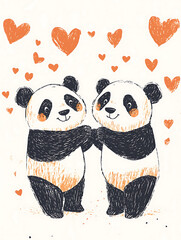 Adorable pandas embracing whimsical illustration playful scene love and joy cute cartoon style
