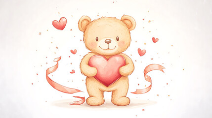 Cute teddy bear holding heart digital illustration romantic theme soft colors adorable concept