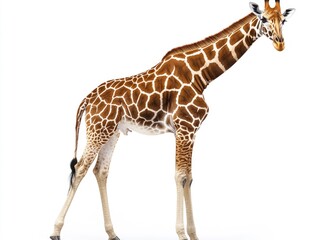 Fototapeta premium A giraffe is standing on a white background. The giraffe is tall and has a long neck