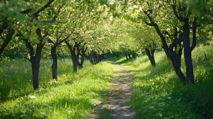 Fototapeta premium Sunlit orchard path, spring blossoms, peaceful nature, idyllic scene, website banner