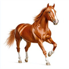 Naklejka premium Strong chestnut horse rearing against a white background showcasing power and elegance