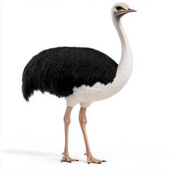 Stunning ostrich showcasing long legs and vibrant plumage against a white background, standing elegantly in isolation