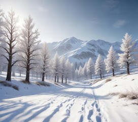 Glittering snow-covered hills with sparkling trees, frosty landscape, glittery