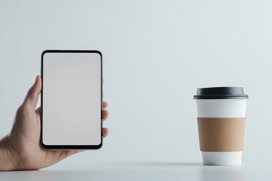 Hand holds blank screen smartphone beside coffee cup in minimali
