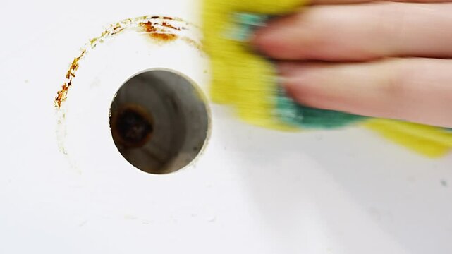A trace of rust on the acrylic surface of the bathroom on the drain damper is washed off with a sponge.