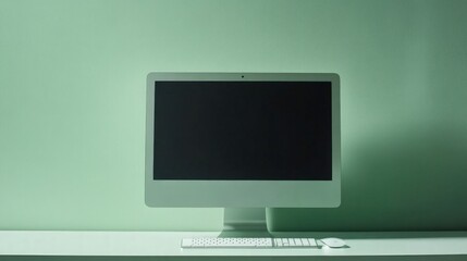 Modern Minimalist Workspace with Computer on Soft Green Background