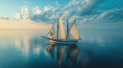 Fototapeta premium A sailboat gliding on calm blue water with its white sails fully unfurled under a clear sky
