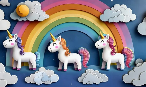 Three Unicorns Rainbow Cloudscape Illustration