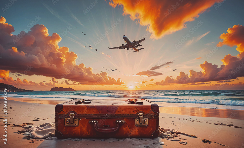 Aufkleber a suitcase is on the beach with a plane flying in the background. the scene is serene and peaceful, 