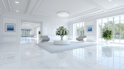 Luxurious white lobby interior design, spacious hall with large windows and floral arrangement; ideal for hotel or real estate marketing