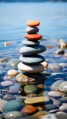 A symbolic scale made of stones balanced on a serene sea background. The scene represents harmony and balance, conveying the concepts of work life balance and emotional well being. 
