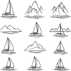 a set of icons with yachts and mountains