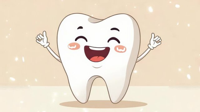 A cartoon tooth is smiling and has a thumbs up sign. It is white and has a pink tongue
