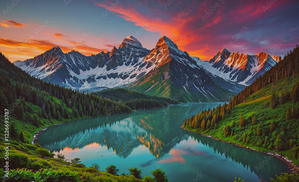 Aufkleber a beautiful mountain range with a lake in the foreground. the sky is a mix of orange and pink hues, 