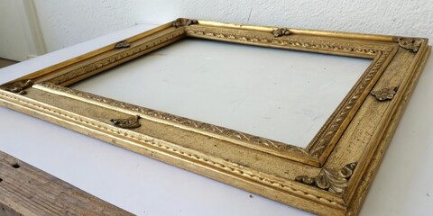 Gold picture frame with a distressed finish and ornate hinges, elegant art, high end furniture, classic style, antique gold