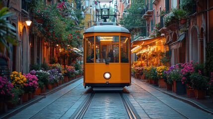 Obraz premium A tram navigating a narrow European street, surrounded by cafes and flower boxes